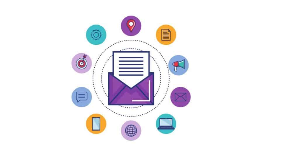 An illustration representing various digital marketing methods. At the center, there is an open envelope with a letter inside, symbolizing email marketing. Surrounding it are icons representing different digital marketing channels, including a gear (automation), location pin (local SEO), document (content marketing), megaphone (advertising), email, laptop (web marketing), globe (internet presence), smartphone (mobile marketing), chat bubble (engagement), and target with an arrow (targeted marketing). The image is labeled "Digital marketing ways" below.