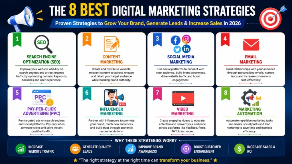 Best Digital Marketing Strategies: Top 8 That Actually Work in 2026 A modern infographic illustrating the top eight digital marketing strategies, including SEO, content marketing, social media, email marketing, PPC, influencer marketing, video marketing, and marketing automation for business growth.