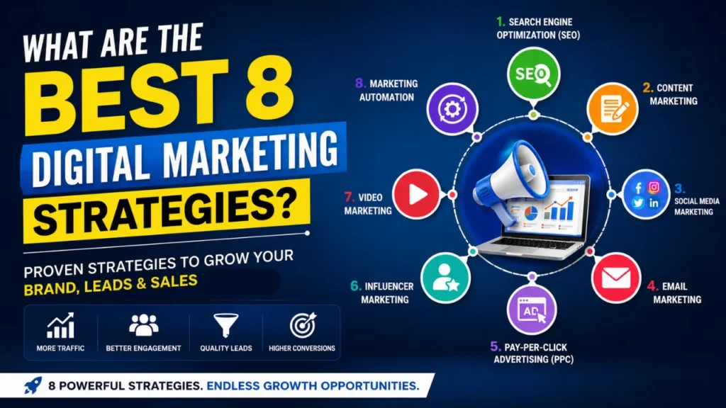 Best Digital Marketing Strategies: Top 8 That Actually Work in 2026 An infographic showing the eight best digital marketing strategies in 2026, including SEO, content marketing, social media marketing, email marketing, PPC advertising, influencer marketing, video marketing, and marketing automation.