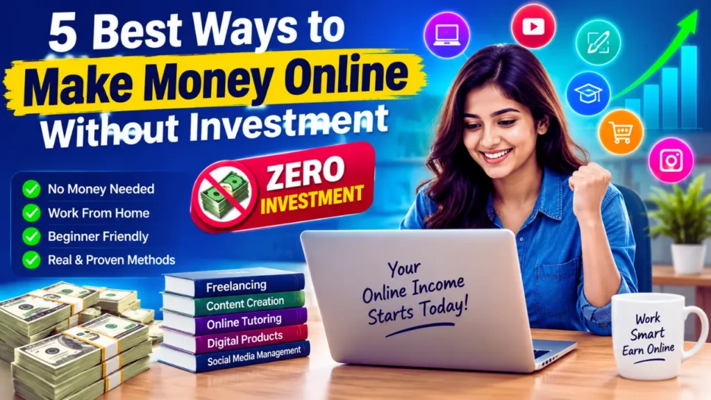 5 Best Ideas For Online Income Without Money A beauty girl working on a laptop with icons representing freelancing, content creation, online tutoring, digital products, and social media management, illustrating the best ways to make money online without investment.