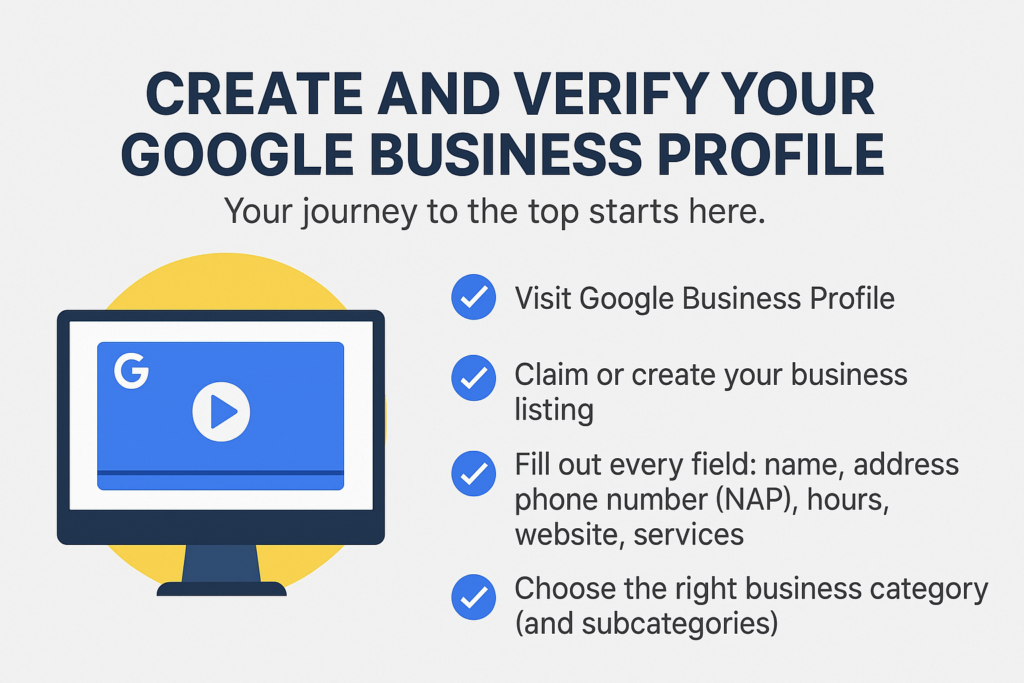 1. Image illustrating steps to create and verify a Google Business Profile for enhanced online presence. 2. Visual guide on creating and verifying a Google Business Profile to improve business visibility online. 3. Diagram showing the process of setting up and confirming a Google Business Profile for better online engagement.
