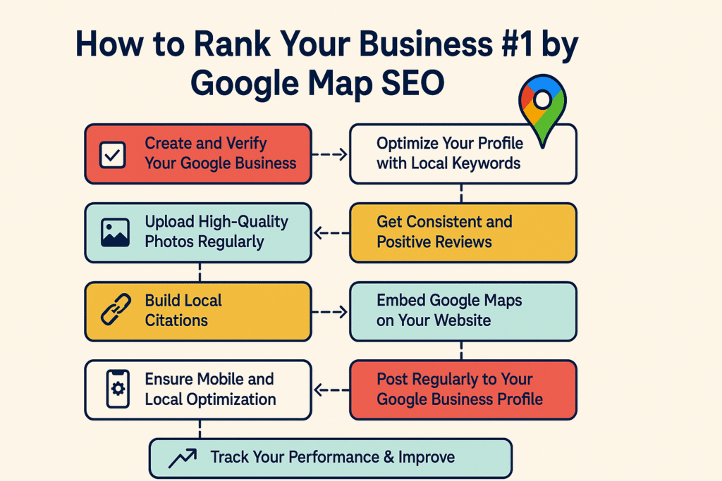 1. Infographic illustrating steps to improve business ranking on Google Maps through SEO strategies and techniques.2. Visual guide detailing methods for enhancing Google Maps SEO to boost business visibility and ranking. 3. Diagram showing effective strategies for optimizing business presence on Google Maps through SEO practices.