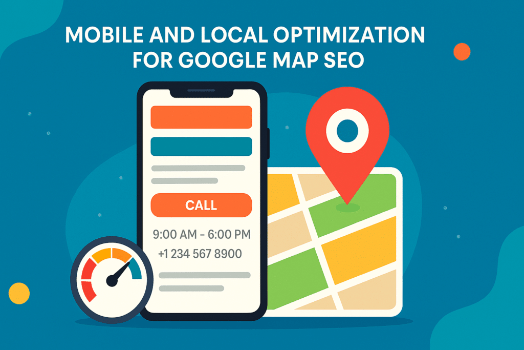 1. Illustration depicting mobile and local optimization strategies for enhancing Google Map SEO performance. 2. Graphic showing techniques for optimizing mobile and local search visibility on Google Maps for improved SEO results. 3. Visual representation of mobile and local SEO optimization methods specifically for Google Maps to boost online presence.