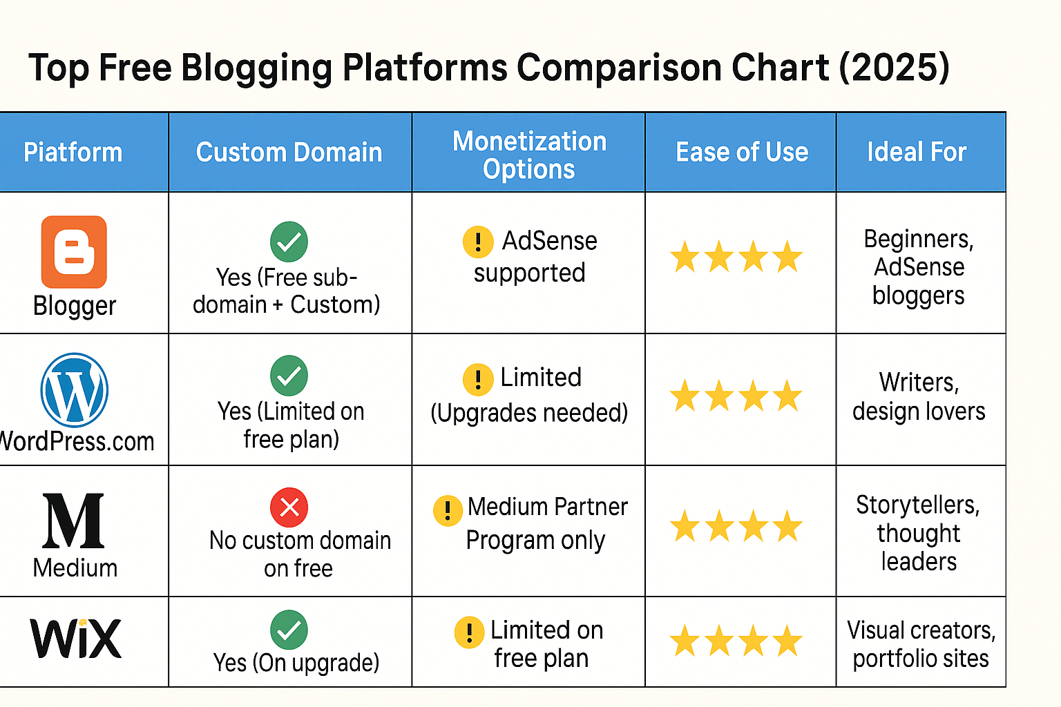 Free Blogging Guide 2025: Start Earning Without Any Investment Comparison chart of top free blogging platforms for 2020, highlighting features and user ratings.
