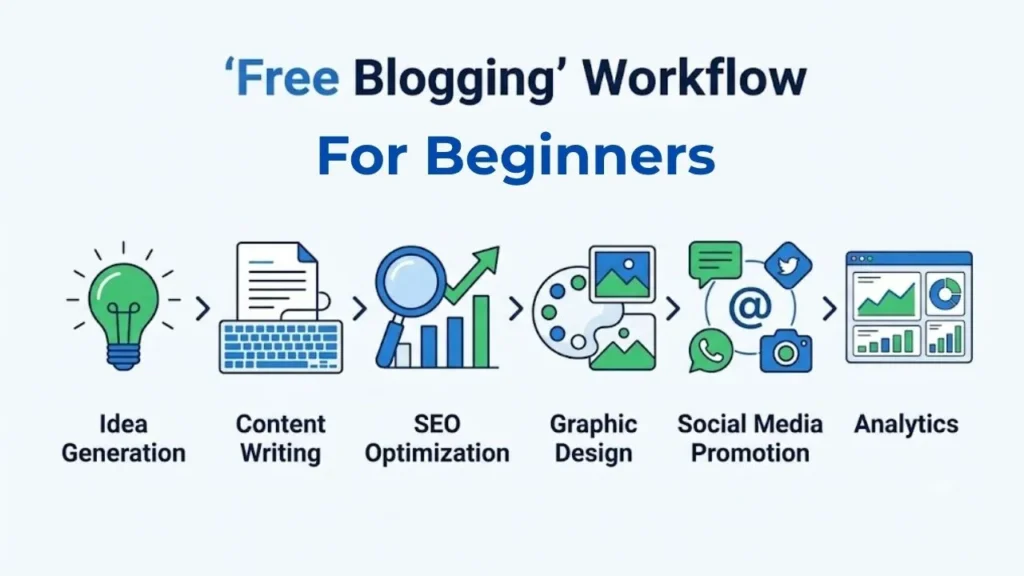 Blogging workflow using free tools from content writing to SEO, design, promotion, and analytics.