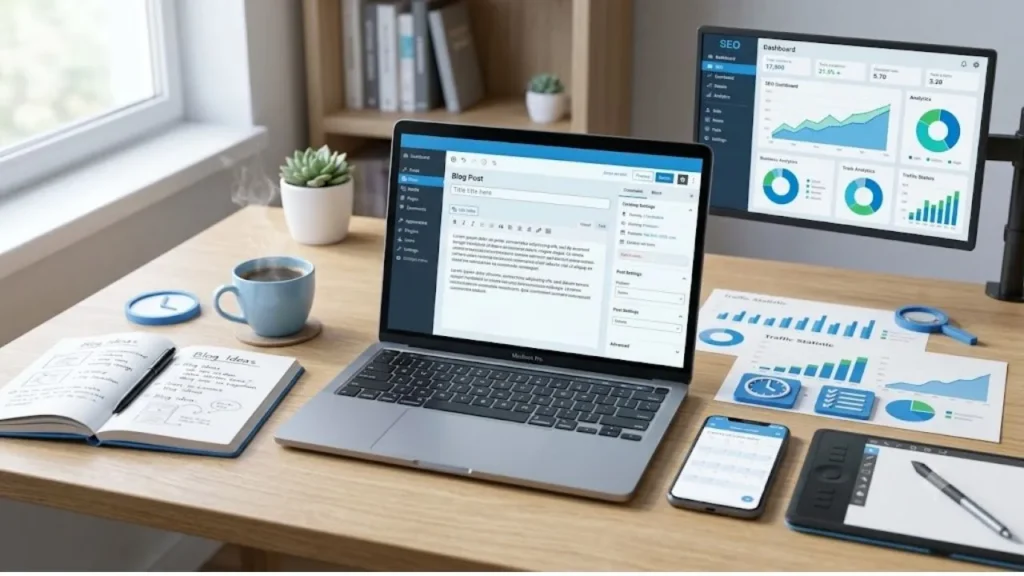 Essential blogging toolkit including laptop, SEO tools, content writing, and design resources.