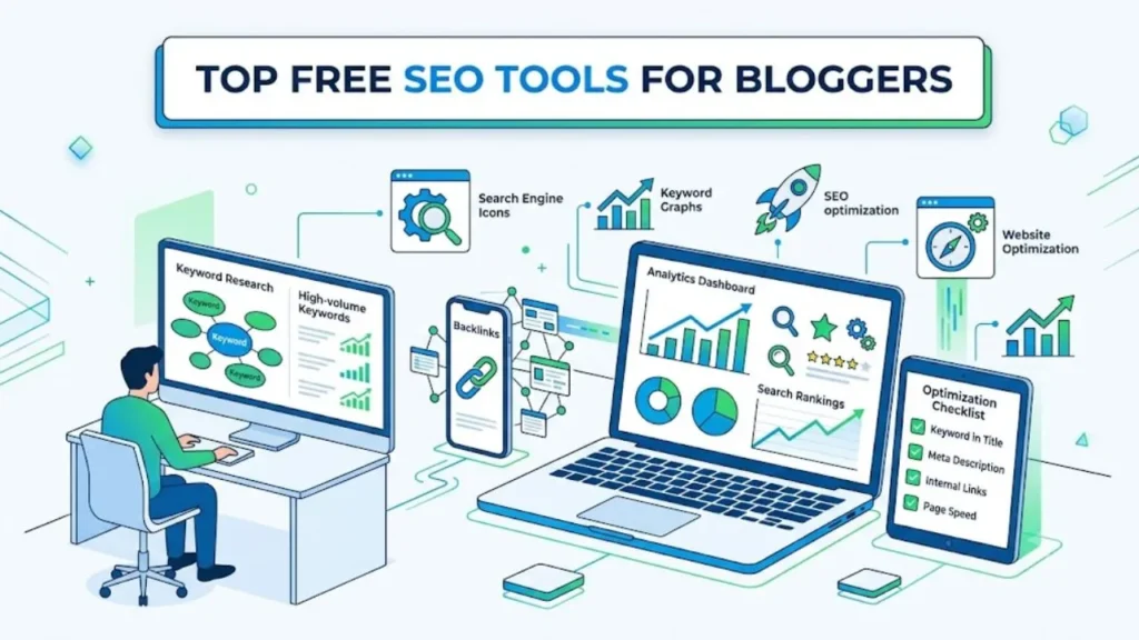 Essential blogging toolkit including laptop, SEO tools, content writing, and design resources.