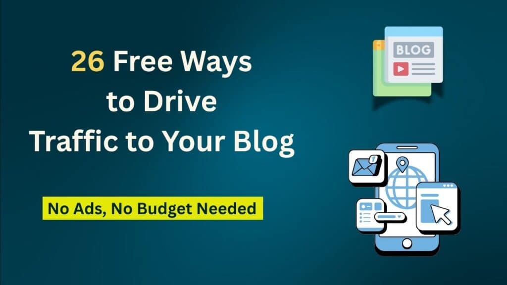 Graphic with the title "26 Free Ways to Drive Traffic to Your Blog" and the subtitle "No Ads, No Budget Needed" on a dark teal background. Includes icons of a blog page, email, mobile phone with a globe, and website elements, representing digital marketing and blog promotion tools.