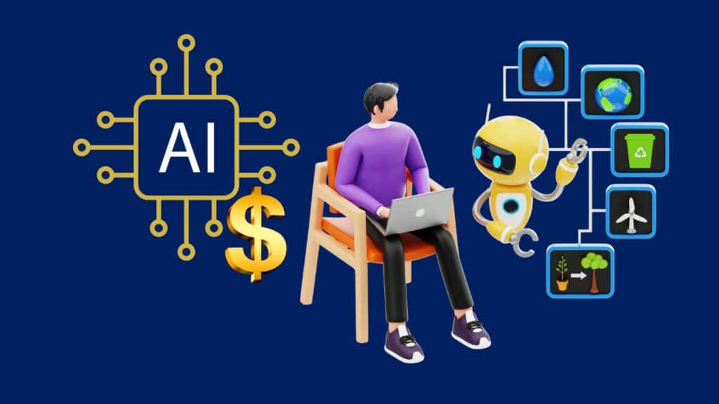 10 Best AI Tools to Make Money Online — Turn AI Into Income AI and money concept illustration showing a man with a laptop, a robot, and artificial intelligence icons related to sustainability and technology.