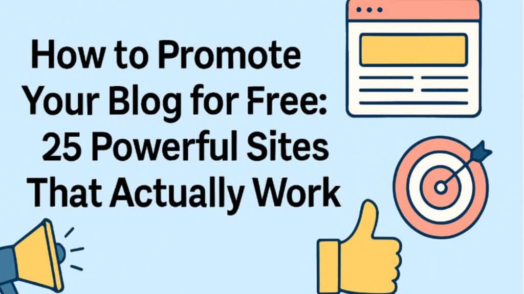 Illustration with the title "How to Promote Your Blog for Free: 25 Powerful Sites That Actually Work" featuring icons of a webpage, a target with an arrow, a thumbs-up, and a megaphone on a light blue background.