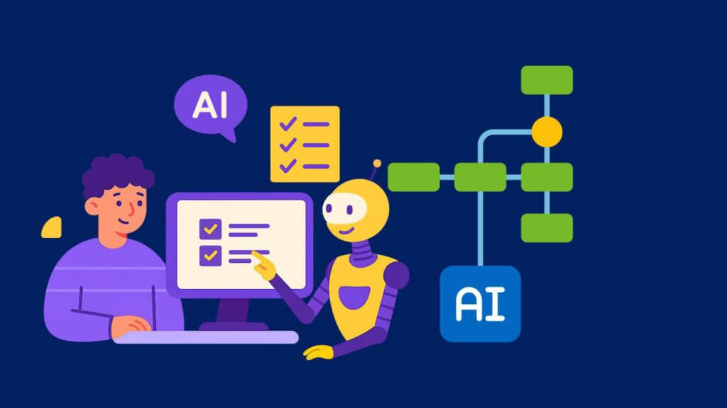 10 Best AI Tools to Make Money Online — Turn AI Into Income Illustration of a person working with a computer and an AI robot assistant, showing collaboration, checklists, and AI flowchart for automation and productivity.