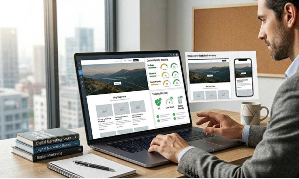 Website owner reviewing SEO, content quality, and policies before applying for Google AdSense approval.