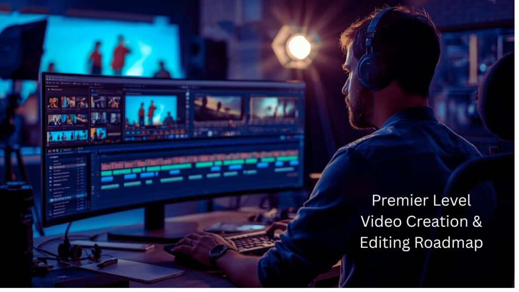 Premier level video creator & editor roadmap outlining key skills and milestones for professional development. Premier Level Video Creation & Editing process