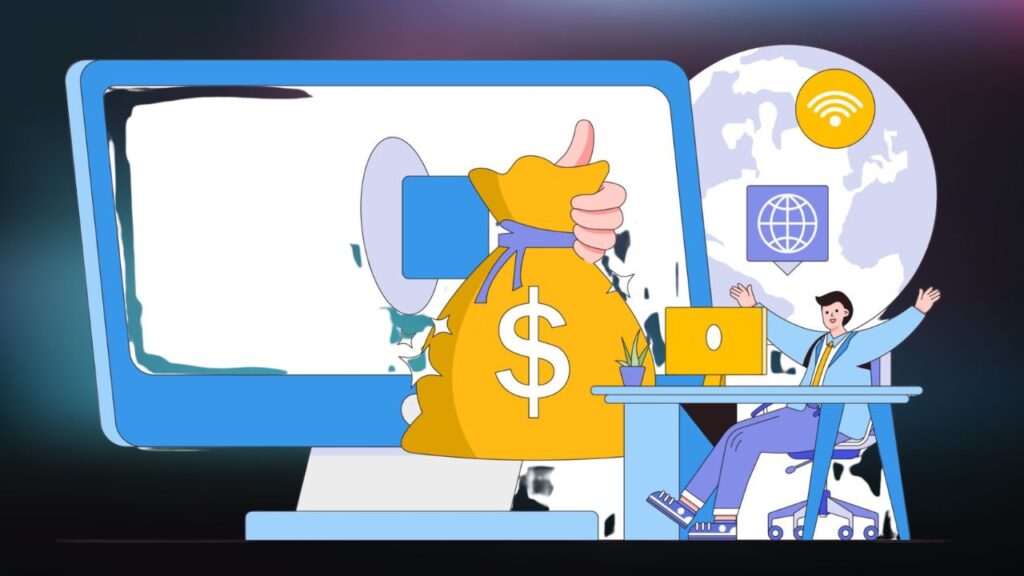 A man sits at a desk with a bag of money resting on his lap, appearing contemplative and focused. earn money from websites in 2026 complete step by step process