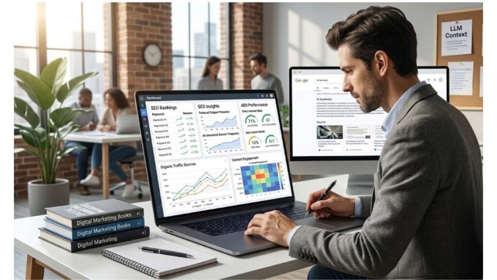 The Future of Search: SEO GEO and AEO Explained Simply Digital marketer optimizing content for traditional search engines and AI-generated search results.