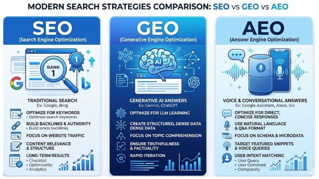 The Future of Search: SEO GEO and AEO Explained Simply Infographic comparing SEO, GEO, and AEO with their key differences and benefits.