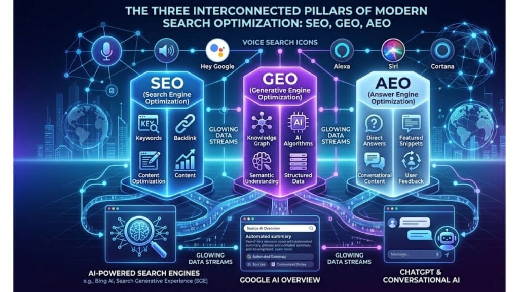 SEO, GEO and AEO comparison showing the future of AI-powered search optimization.