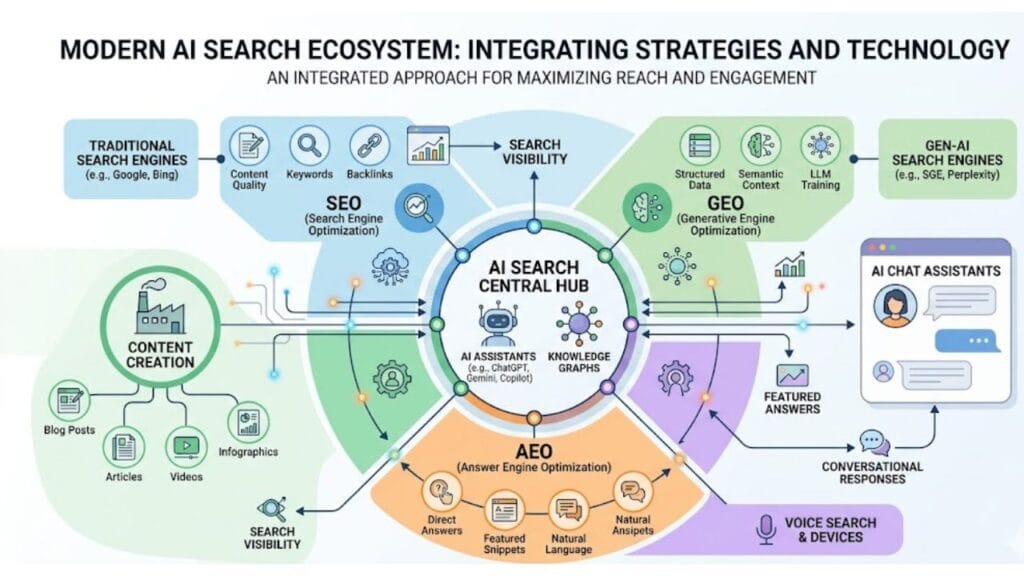 The Future of Search: SEO GEO and AEO Explained Simply Visual diagram showing the relationship between SEO, GEO, AEO, and AI search engines.