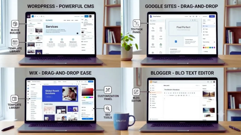 How to Create a Website for Free in 2026 (Step-by-Step Beginner Guide) Comparison of WordPress, Wix, Blogger, and Google Sites website builders