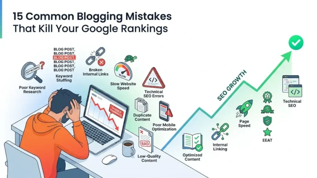 Common blogging mistakes that hurt Google rankings, including poor keyword research, slow website speed, weak internal linking, and technical SEO issues.