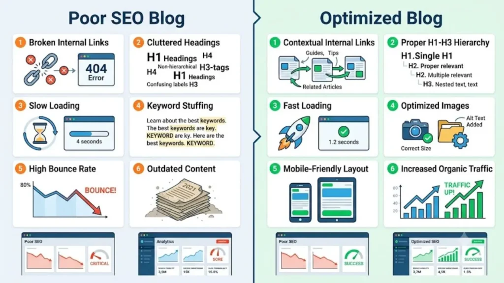 Comparison between SEO-optimized and poorly optimized blog structure