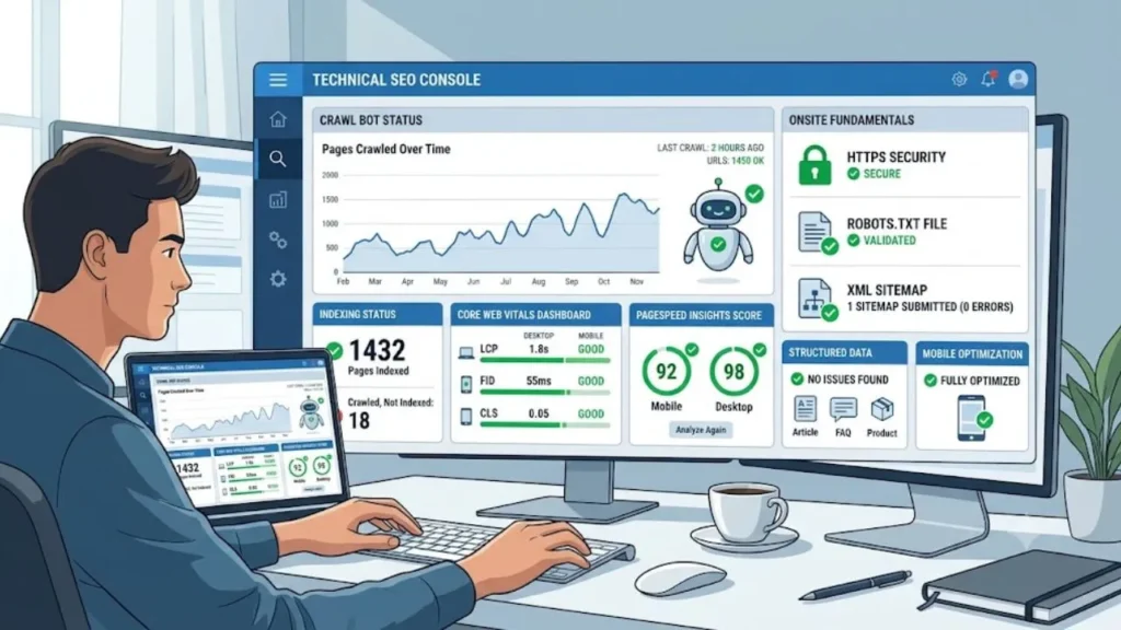 Technical SEO checklist including sitemap, page speed, mobile optimization, and indexing