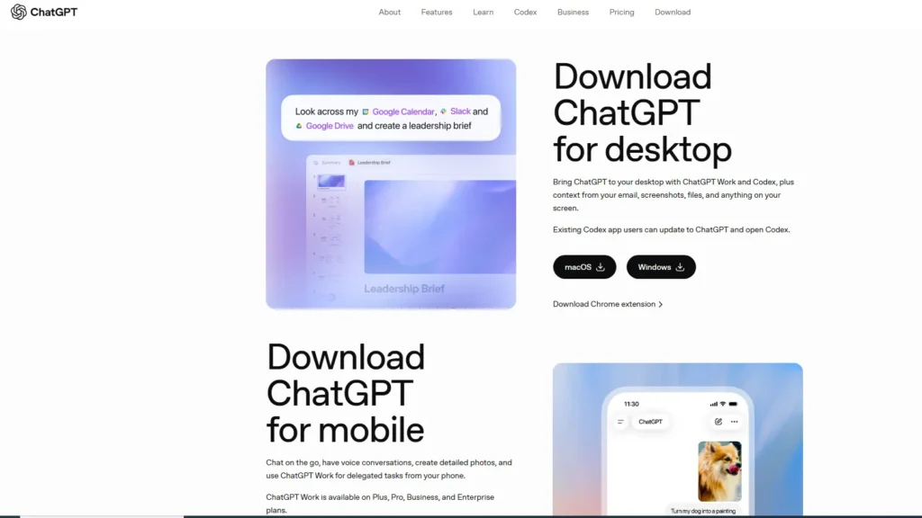 Screenshot of the ChatGPT download webpage featuring sections for desktop and mobile apps. The desktop section includes macOS and Windows download buttons and a Chrome extension link, while the mobile section highlights ChatGPT features on a smartphone. A top navigation bar includes About, Features, Learn, Codex, Business, Pricing, and Download.