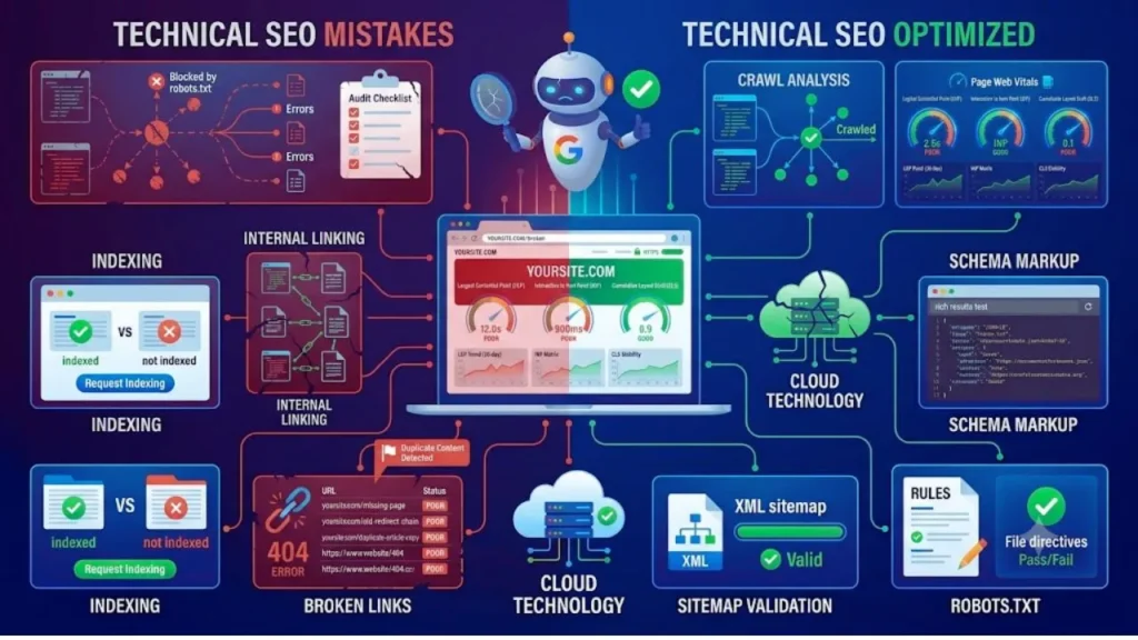 Common Technical SEO mistakes including slow hosting, broken links, missing schema, and redirect chains