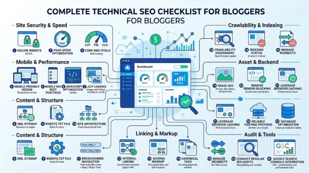 Complete Technical SEO checklist infographic showing all essential optimization steps for bloggers in 2026