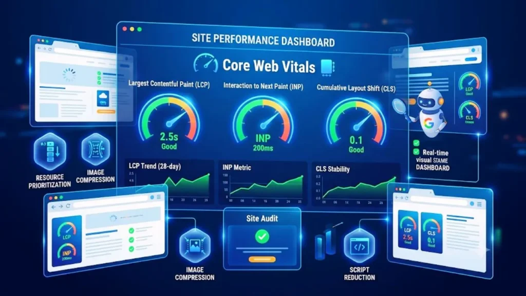 Core Web Vitals metrics LCP INP CLS illustrated with website performance dashboard