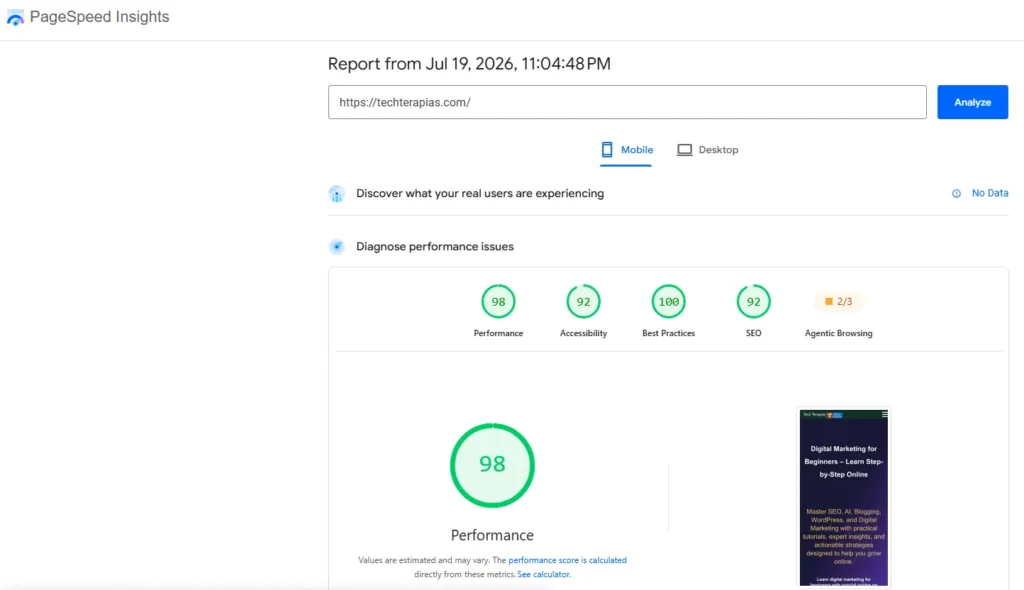 Google PageSpeed Insights mobile performance report with website speed, accessibility, best practices, and SEO scores.