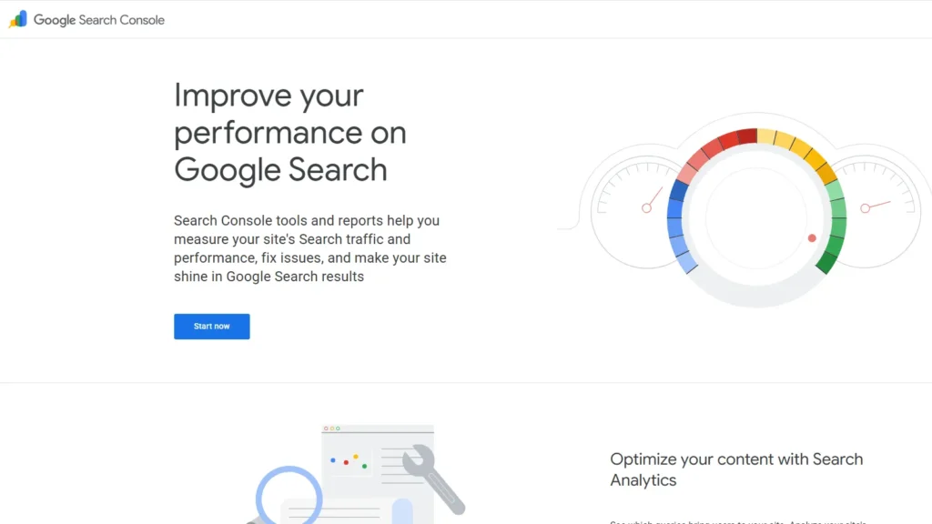 Google Search Console homepage for monitoring website performance, indexing, and SEO.