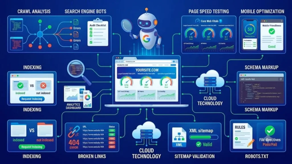 Technical SEO audit workflow with website crawling, indexing, and performance optimization