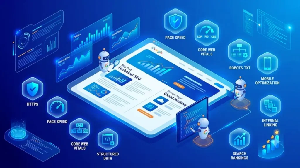 Technical SEO ranking factors including HTTPS, Core Web Vitals, page speed, indexing, and structured data