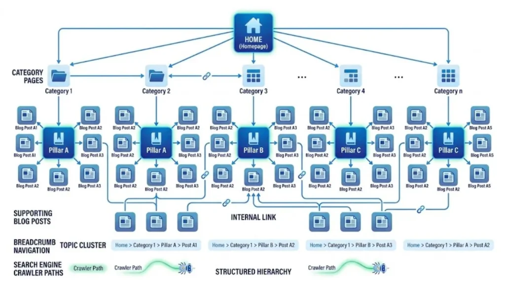 SEO-friendly website architecture with pillar pages, topic clusters, and internal linking