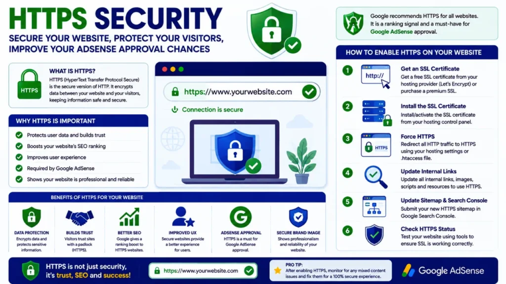 Google AdSense Approval Checklist: 20 Essential Steps to Get Approved in 2026 HTTPS secure website with SSL certificate protecting users and improving Google AdSense approval readiness.