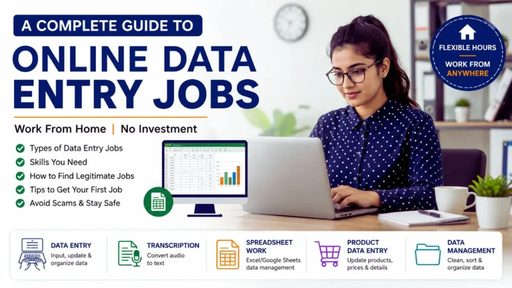 Online data entry jobs work from home without investment, featuring data entry, transcription, spreadsheet, and product data entry work