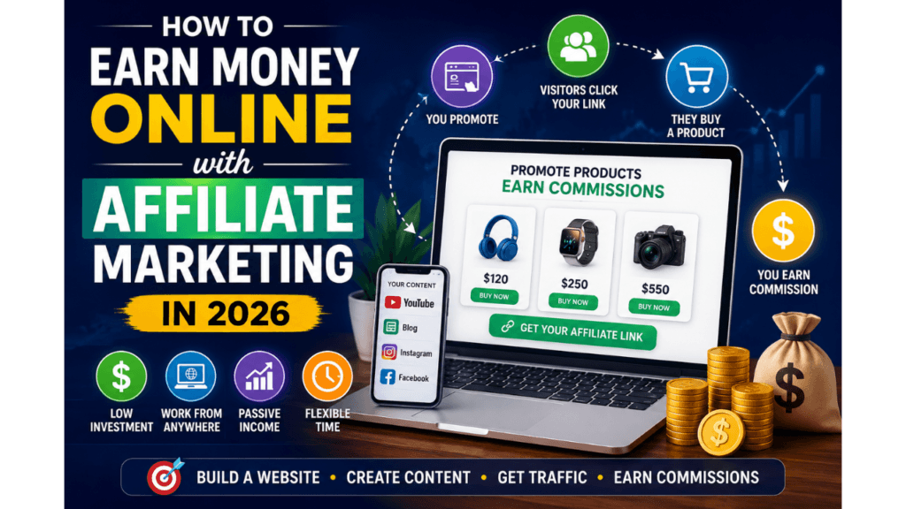 Illustration showing how to earn money online with affiliate marketing in 2026 using a website, social media, and affiliate links.