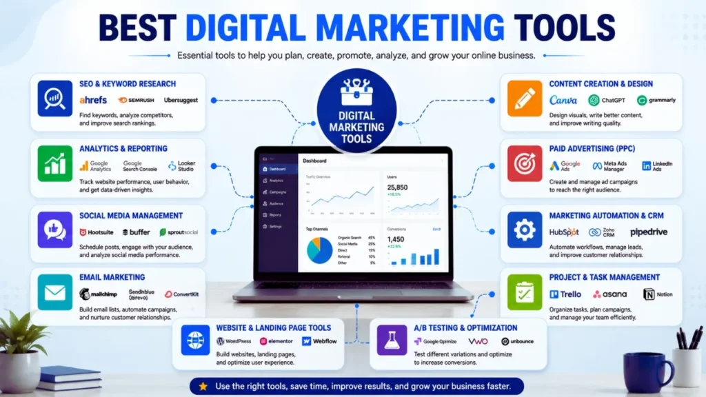 What is Digital Marketing and its 17 benefits? Best digital marketing tools for SEO, analytics, social media, content creation and email marketing