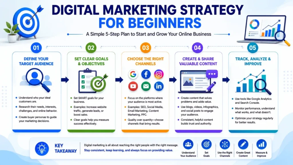 What is Digital Marketing and its 17 benefits? Digital marketing strategy for beginners with audience research, goals, channels, content and analytics