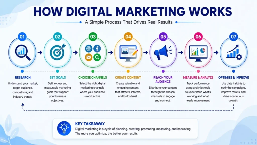 What is Digital Marketing and its 17 benefits? Digital marketing process from research and goal setting to content, measurement and optimization