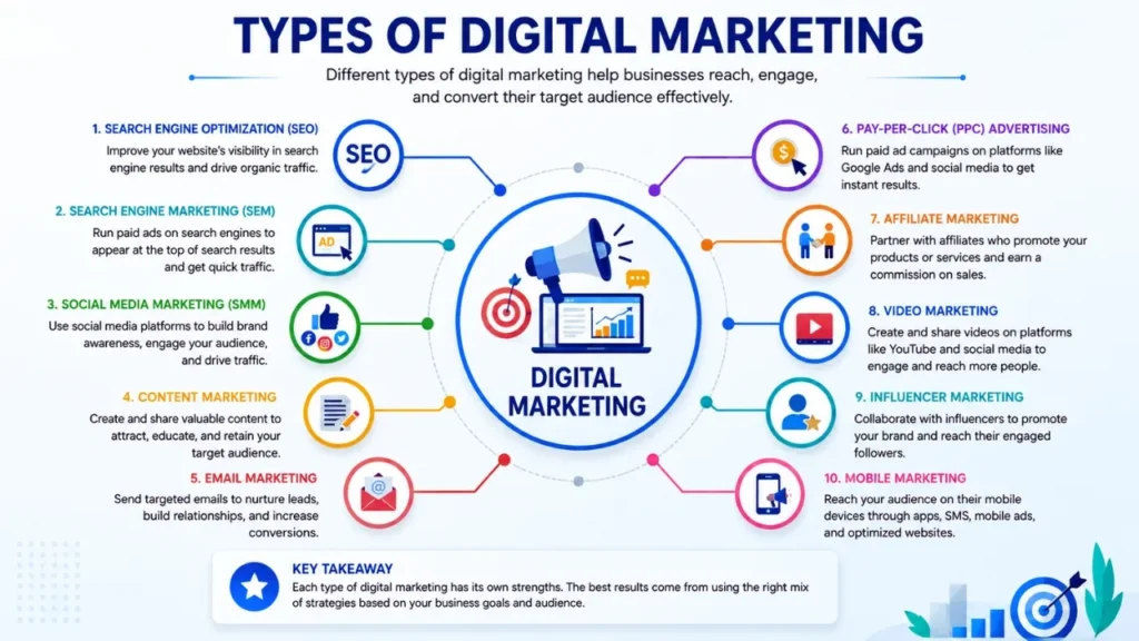 What is Digital Marketing and its 17 benefits? Types of digital marketing including SEO, SEM, social media, content, email, PPC and affiliate marketing