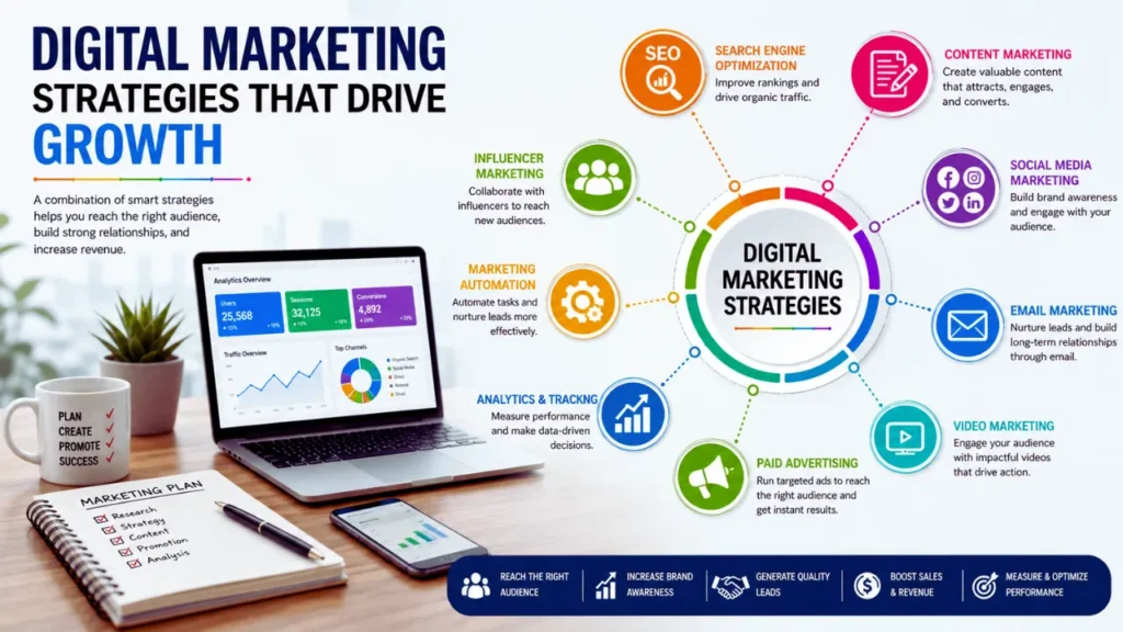 An infographic illustrating an integrated digital marketing framework with SEO, content marketing, social media, email marketing, paid advertising, analytics, video marketing, influencer marketing, and marketing automation surrounding a business growth hub.