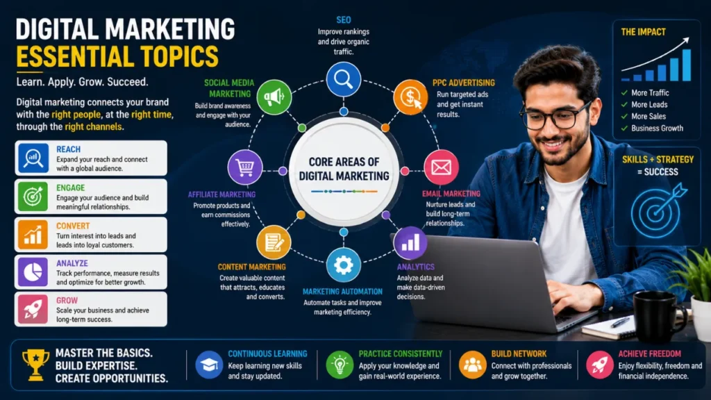Is Digital Marketing The Best Career in 2026? Salary, Skills, Jobs & Future Scope Professional infographic showing the core areas of digital marketing such as SEO, social media marketing, PPC advertising, content marketing, affiliate marketing, email marketing, analytics, and marketing automation.