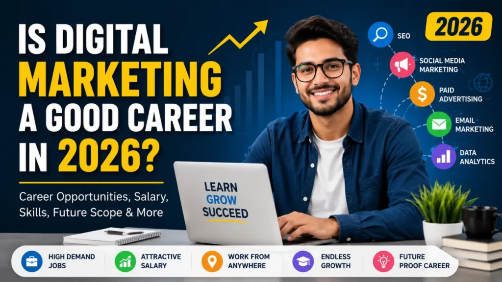 Professional digital marketing featured image showing career opportunities, salary, essential skills, future scope, SEO, social media marketing, PPC, email marketing, and data analytics in 2026.