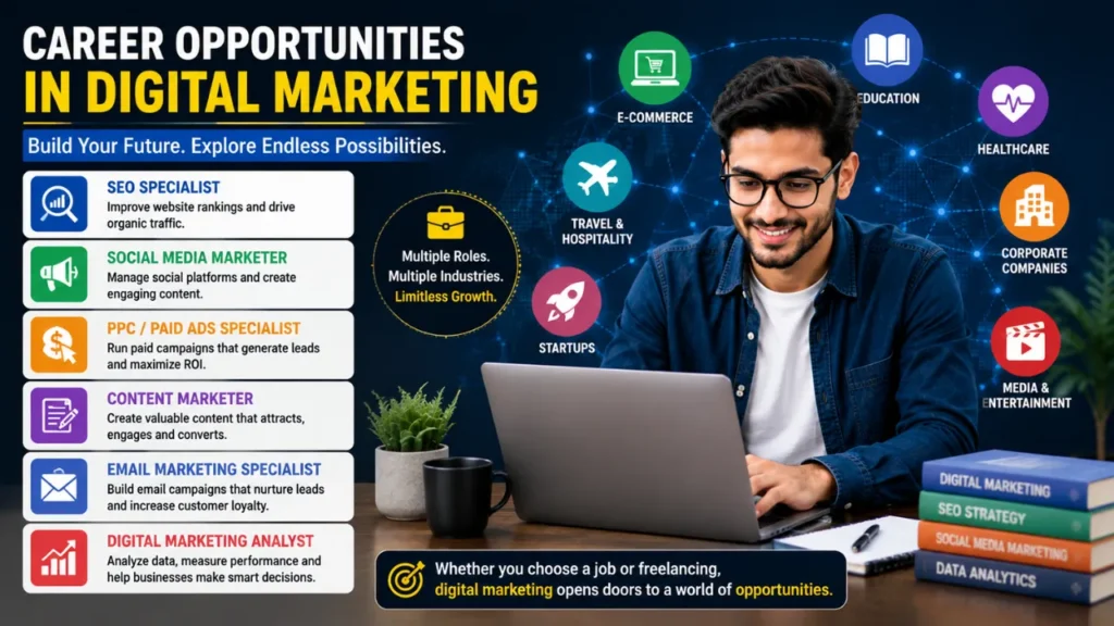 Is Digital Marketing The Best Career in 2026? Salary, Skills, Jobs & Future Scope Digital marketing career infographic showing job roles such as SEO Specialist, Social Media Manager, PPC Specialist, Content Marketer, Email Marketing Specialist, and Digital Marketing Analyst across multiple industries.