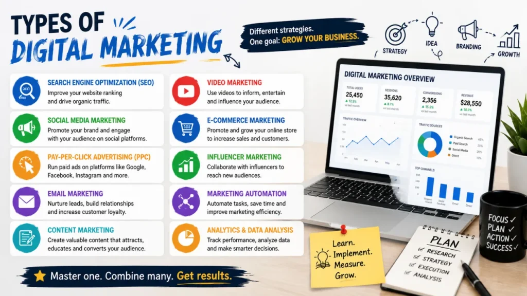 Is Digital Marketing The Best Career in 2026? Salary, Skills, Jobs & Future Scope Educational infographic explaining the major types of digital marketing including SEO, social media marketing, PPC advertising, content marketing, email marketing, video marketing, influencer marketing, marketing automation, analytics, and e-commerce marketing.