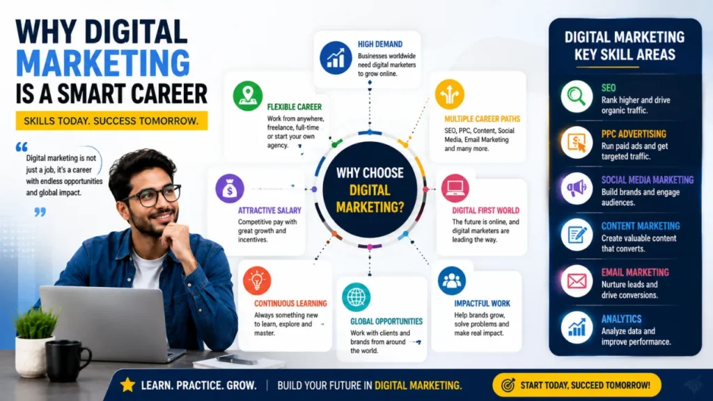 Is Digital Marketing The Best Career in 2026? Salary, Skills, Jobs & Future Scope Modern infographic highlighting the benefits of choosing digital marketing, including high demand, flexible careers, global opportunities, attractive salaries, continuous learning, and essential marketing skills.