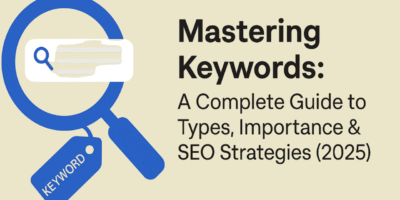 A book cover titled "Mastering Keywords: A Complete Guide to Types, Importance & SEO Strategies 2021" with a modern design.