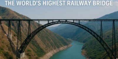Chemba Bridge, the world's highest railway bridge, spans a deep valley with stunning mountainous scenery in the background.